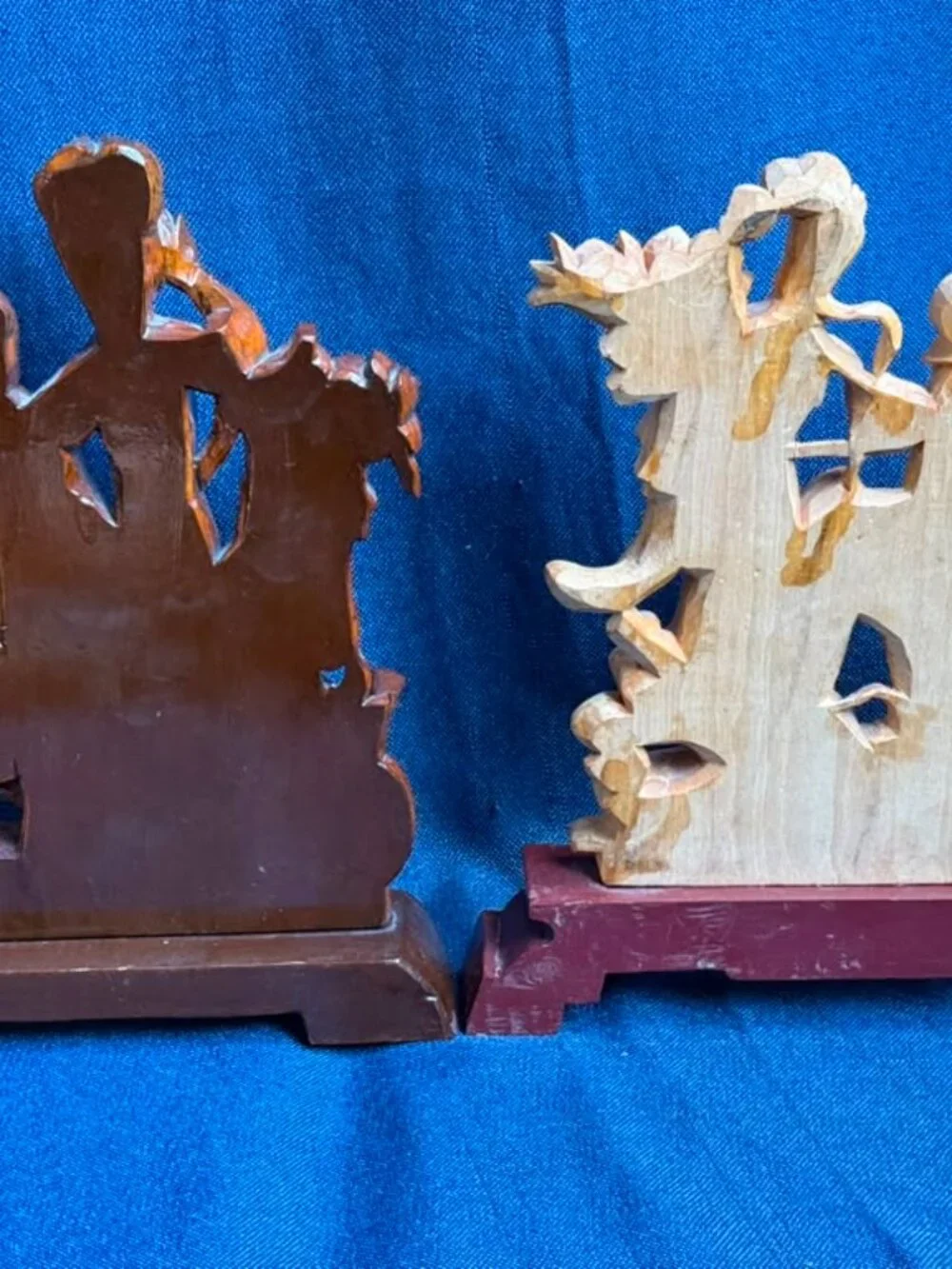 Vintage Chinese Hand Carved Wood Statues Set of 2